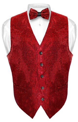 Men's SEQUIN Design Dress Vest & Bow Tie RED Color BOWTie Set for Suit Tux