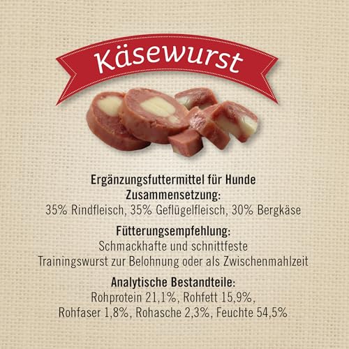 Leiky Käsewurst mit Bergkäse für Hunde, 28 x 100 g – schnittfeste Trainingswurst