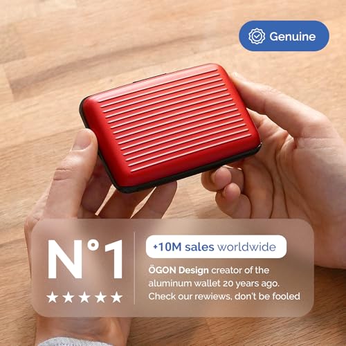 Image of OGON -DESIGNS- Aluminum card holder, RFID protection against fraud and demagnetization, compact wallet, Smart Case STOCKHOLM model (Aluminum Red, Standard lock)