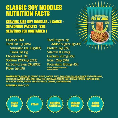 Image of FLYBYJING Classic Soy Noodles - Sun-Dried Asian Instant Noodles with Sichuan Soy Scallion Sauce - Ready in 6 Minutes - Premium Non-Fried Vegan Noodle, 12g Protein, Non-GMO (Pack of 6)