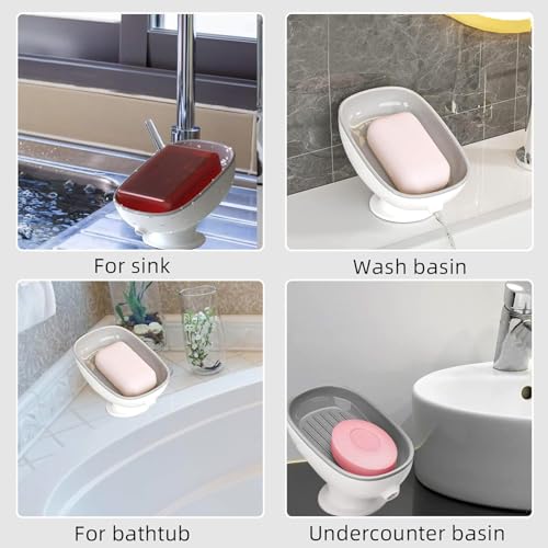Image of Self Draining Plastic Soap Holder with Suction Cup - Leaf Shape Bar Soap Dish for Kitchen Sink, Shower, and Bathtub (1, White)