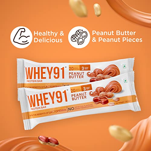 Image of WHEY91 Peanut Butter Protein Bar | 20G Protein & 3G Fibre Per Bar | Immunity Booster Lactoferrin | No Added Preservatives |No Added Sugar |(Pack Of 6 Bars), 390 Gram