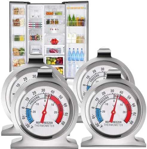 Refrigerator Thermometer 4 Pack, Freezer Thermometer Stainless Steel Fridge Thermometer with Red Indicator, Large Dial Thermometers for Freezers Monitoring Thermometer for Home, Kitchen, Restaurants