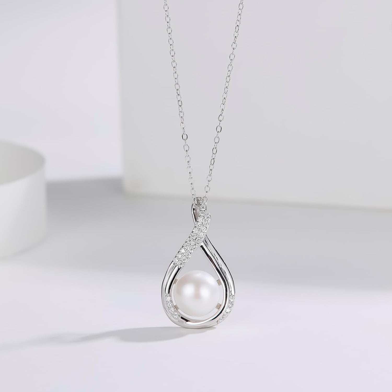 Round Pearl Necklace, Infinity Single Pearl Pendant with 16" Sterling Silver Chain, Mothers Day Anniversary Birthday Wedding Jewelry Gifts for Women - Image 3