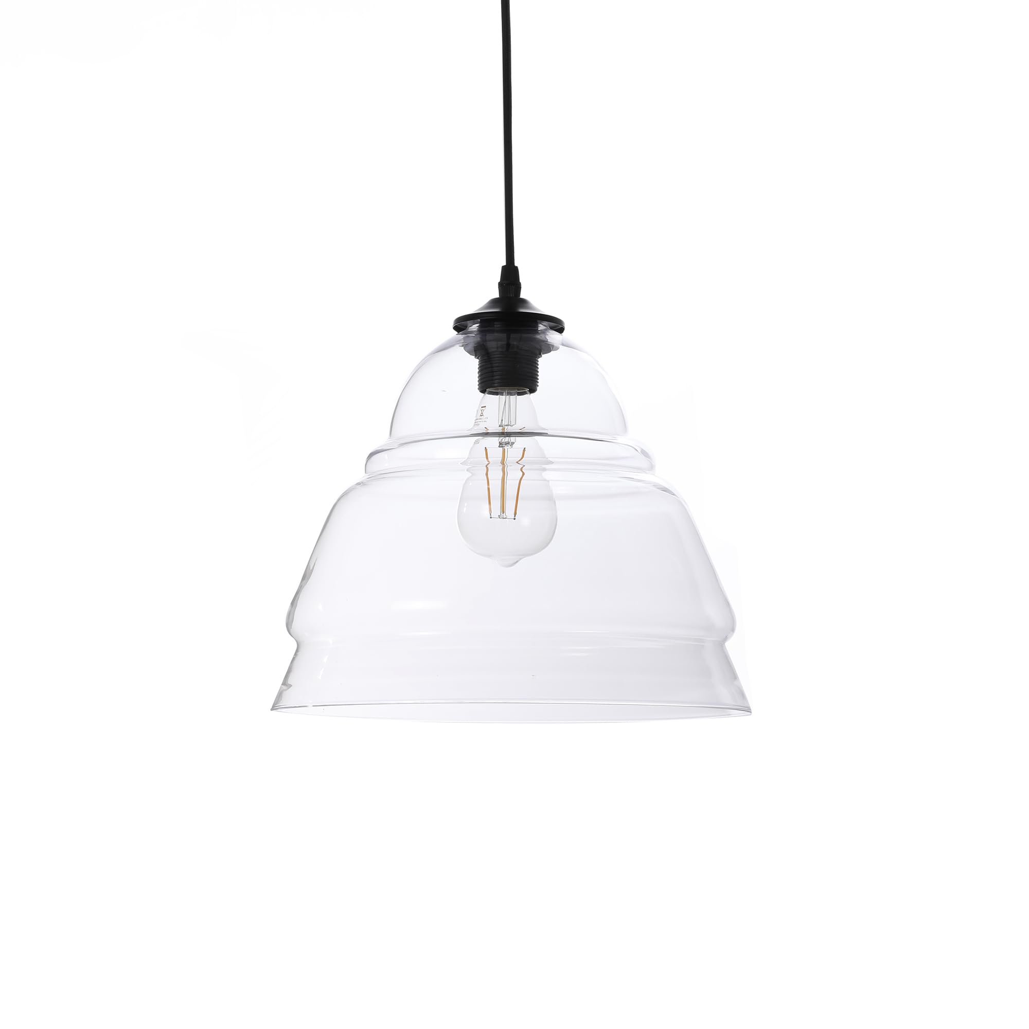 LUSSIOL - Luminaire Belly, lustre cloche- rétro - lampe suspendue en verre transparent - câble plastique noir, douille E27 - possibilité ampoule LED - 40W maxi, Diam. 30 x H. 24 cm