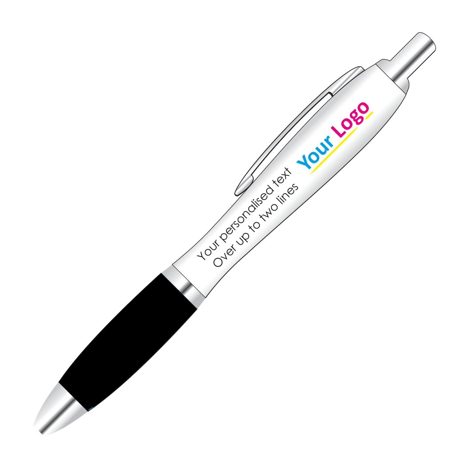 Full Colour Printed Logo Pens x 20 With Personalised Text Options for Custom Promotion With Black Colour Grip.