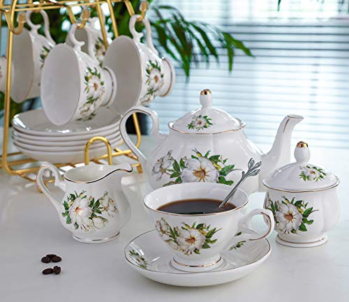 Chenp.hmc Porcelain Tea Set Tea Cup Set 22-Piece Porcelain Ceramic Coffee Tea Gift Sets Cups Saucer Service For 6 Teapot Sugar Bowl Creamer Pitcher And Teaspoons Tea Pot Sets(Camellia) #TOP1