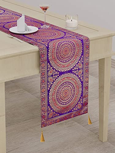Image of Diwali Decor Brocade Jacquard Silk Table Runner Long Runner for Dinning & Centre Table Mandala Print 72 x 16 Inches (Purple)