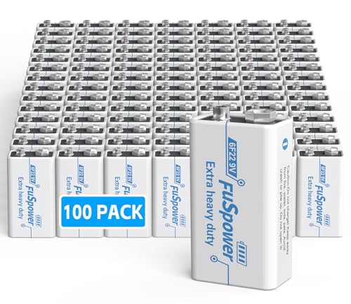 Fuspower 9V Batteries for Smoke Detector: Ultra Long Lasting Fire Alarm Battery 100 Pack - 6F22 Super Heavy Duty Power for Guitar Pedals Microphone Multimeter - Green Energy Mercury/Cadmium/Lead-Free