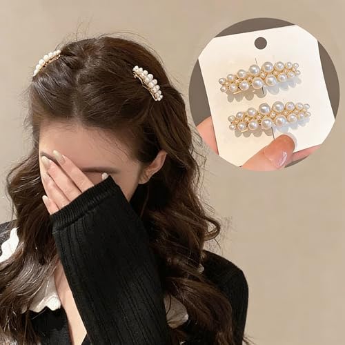 ELLOPH Pearl Hair Clips for Women Fancy Gold Barrettes Elegant Pearl Hair Accessories Small Decorative Dressy French Barrettes for Wedding Bridal Parties Banquets Proms Formal Casual Outfits 2 Pack