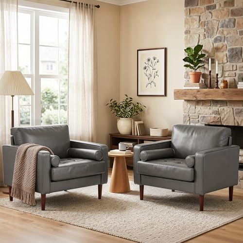 Image of Faux Leahter Accent Chairs Stet of 2, Comfy Upholstered Armchairs for Living Room, Modern Bedroom Reading Seat with 2 Bolster Pillows, Dark Gray