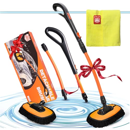RIDE KINGS Car Wash Brush with Long Handle, Chenille Microfiber Car Wash Mop Kit, Scratch Free Car Cleaning Supplies with Ergonomic 15掳 Curved Extension Pole for RV Truck Boat Windshield - Orange