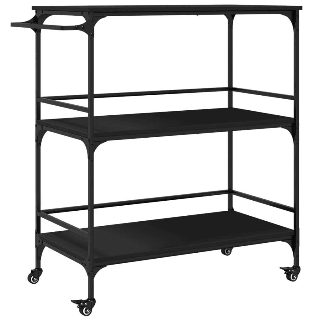 vidaXL Carrito de Cocina, Estante de Almacenaje, Carro de Servicio Comida, Carrito para Salón Baño Estudio, Madera de Ingeniería Negro