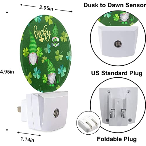 Image of St Patrick Day Cute Gnomes Night Light Lucky Four Leaf Clover Green Night Lights Plug into Wall with Light Sensors Auto on /Off for Holiday Gifts for Boys Girls Women Teen