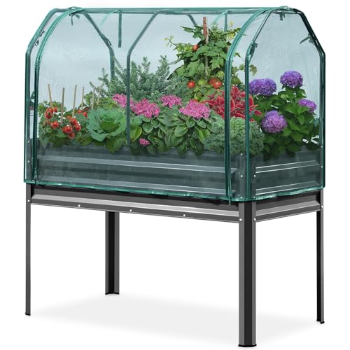 KING BIRD Large Raised Garden Bed with Netting Galvanized Elevated Planter Box with Legs 48×24×56 in for Backyard, Patio, Balcony, 400lb Capacity, Dark Grey
