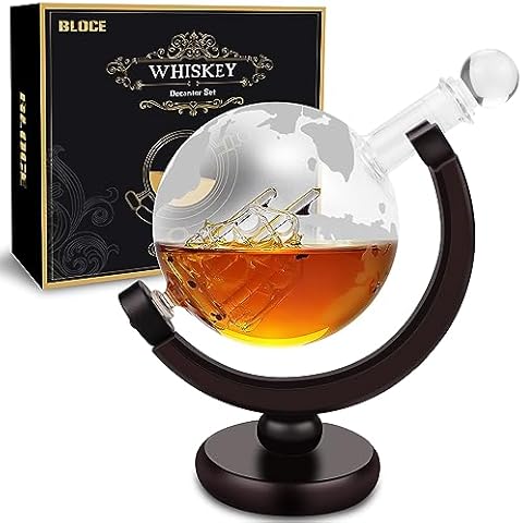 BLOCE Whiskey Decanter Sets for Men, Etched World Globe Whiskey Gifts, Home Bar Accessories for All Kinds of Alcohol Drinks and Vodka Cover