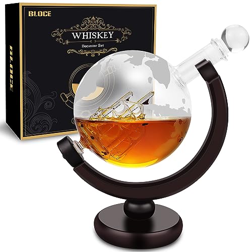 BLOCE Whiskey Decanter Sets for Men, Etched World Globe Whiskey Gifts, Home Bar Accessories for All Kinds of Alcohol Drinks and Vodka