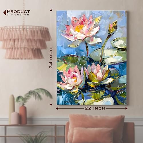 Image of PAINTINGMANTRA Lotus Flower Canvas Wall Art Painting for wall decoration, Lotus Flower Pond Floral Stretched Canvas for Living Room, bedroom, Home and Office, 22x34 Inch