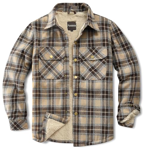 Image of Men's Sherpa Cotton Flannel Shirt Jacket Plaid Button Coat Pocket