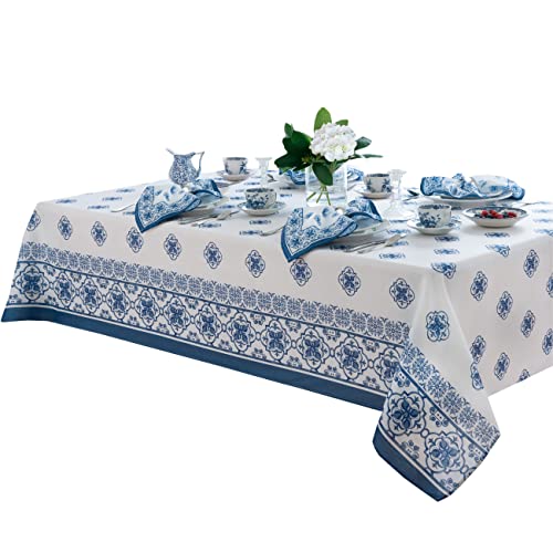 Newbridge Rectangle Fabric Tablecloth, 52 x 70 Inch, Mykonos Blue Mediterranean, Indoor Outdoor Stain Resistant No-Iron Table Cloth, Blue Tile Border - Image 3