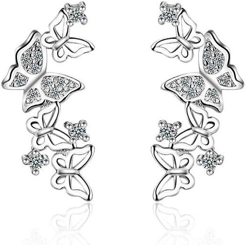 Hollow Butterfly CZ Cuff Wrap Studs Earrings for Women Pierced Ear Sterling Silver Plated Fashion Cubic Zirconia Crawler Climber Hypoallergenic