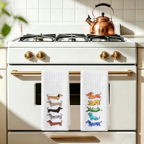 Image of Hanamiya Na 2 Pcs Cute Dachshund Kitchen Towels 24x14 Inch, Dachshund Gifts Reusable Dish Towels for Kitchen Bathroom Decor, Waffle Weave Absorbent Tea Towel, Weiner Dog Gifts for Women Mom Friend