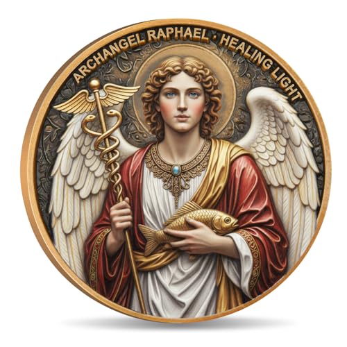 Archangel Raphael Commemorative Coin Healer of God Prayer Inscription Healing Light Symbolism Double-Sided 3D Relief Faith-Inspired Coin for Reflection and Encouragement (Single Coin)