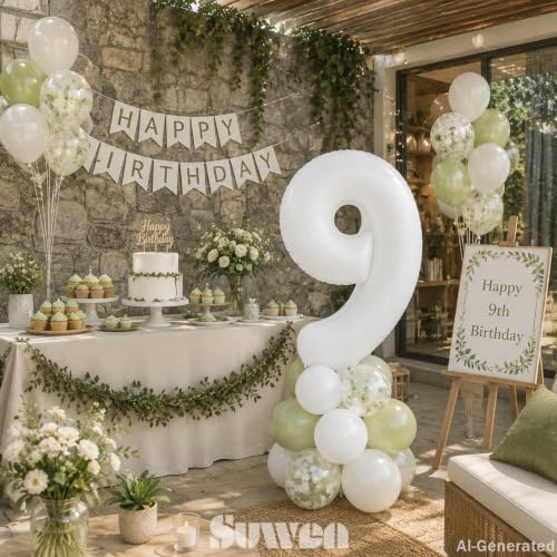 Image of SUWEN 40 Inch White Large 9 Balloon Number Big Foil Helium Numbers 0-9 | Giant Jumbo Happy 9th Birthday Party Decorations for Men or Women Huge Mylar Anniversary Party Supplies