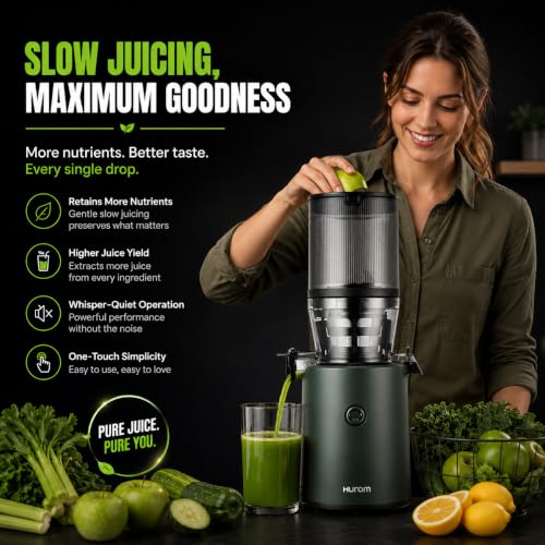 Image of Hurom H320 Cold Press Juicer | Ultra Low Pulp | Slow Juicer | Hopper Fits Whole Produce | Ultra Quiet Motor | Easy Assembly | Cold Press Masticating Juicer, 15 Years Warranty (Green with Strainer)