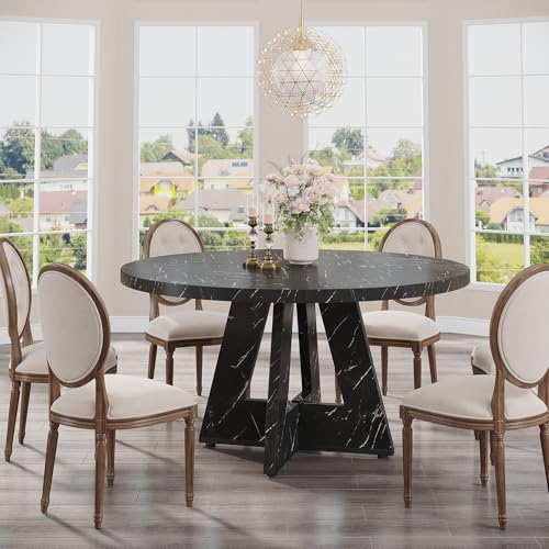 Image of Tribesigns 47 inch Round Dining Table Wood Kitchen Table for Dining Room, 47 inch Dinner Room Tables for 4-6, Farmhouse Accent Furniture with Wooden Tabletop and Cross Base, Marbled Wood