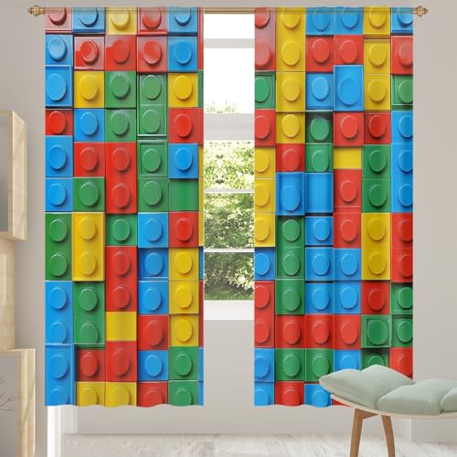 Lot de 2 voilages semi-transparents à motif de briques colorées – Voilages à fente sur le dessus pour salon et chambre à coucher (140 cm de large x 198,1...