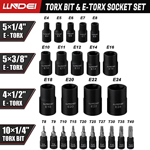 Torx Bit Socket And Female External Socket Set 24Pcs, Llndei 10 Star Socket Bits (T8-T40)& 14 Female E-Torx Sockets (E4-E24) 1/4" 3/8" 1/2", Cr-V, Star Drive Socket Kit With Mini Storage Box #TOP2