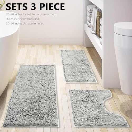 Bathroom Rugs Sets 3 Piece Extra Soft and Absorbent Shag Bathroom Rugs, Machine Wash Mat, Strong PVC Non-Slip Underside, Plush Carpet Mats (Light Grey)