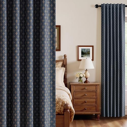 MIULEE 100% Blackout Decorative Linen Curtains with Geometric Pattern, Thick Woven Farmhouse Rustic Patterned Drapes with Back Tab for Bedroom and Living Room, Blue, 52 x 84 Inches, 2 Panels