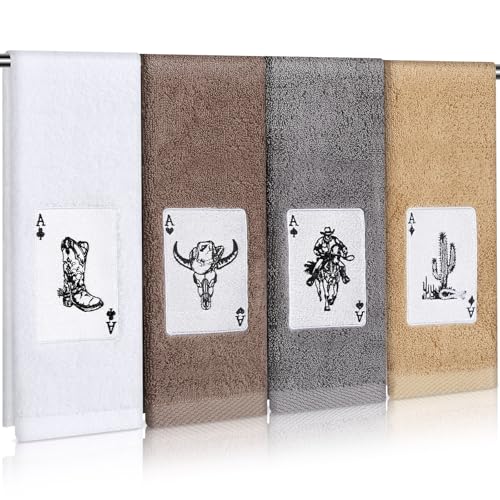 SmoothNovelty Western Cowboys Towels Set of 4 Western Kitchen Bath Towels with Ace of Spades Playing Cards Embroidered Cotton Absorbent Drying Accessories for Farmhouse Bathroom Decor Gift 29 X 13