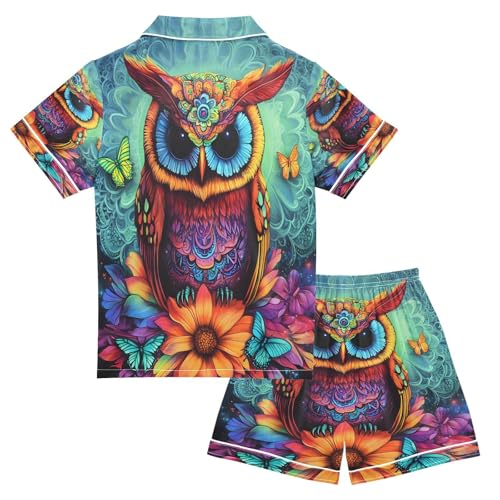 ALAZA Ethnic Owl Blossom Butterfly Satin Pajamas Set Short Sleeve Button Down Sleepwear Summer Pjs 2 Piece2