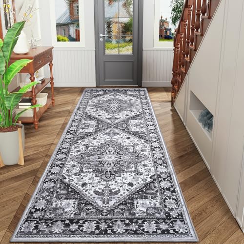 HOMORE 2x6 Hallway Gray Runner Rug for Entryway Indoor Kitchen Runner Rugs Non Skid Machine Washable for Bedroom,Stain Resistant Low Pile Accent Throw Rug for Living Room