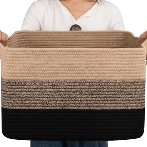 Image of OIAHOMY Large Blanket Basket, Rectangle Woven Baskets, Nursery Blanket Storage Living Room, Toy Storage With Handle, Large Baskets for Organizing-17.7 inchx13.8 inchx11 inch-Yellow Black