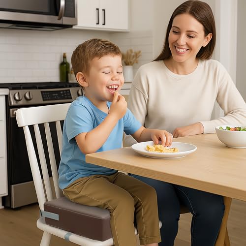 Image of Eiury Booster Seat for Kitchen Chair, Toddler Booster Seat for Dining Table, Waterproof PU Leather Kids Seat Cushion with Adjustable Straps, Non-Slip Bottom, Wipeable Seat Pad,Dark Brown