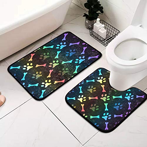 Mnsruu Badezimmerteppich-Set, Regenbogen-Hundepfoten-Muster, 2-teilig, rutschfest, saugfähig, 39,8 x 60,9 cm, Dusch-/Badematte und 50,8 x 50,8 cm, U-förmiger WC-Vorleger Cover