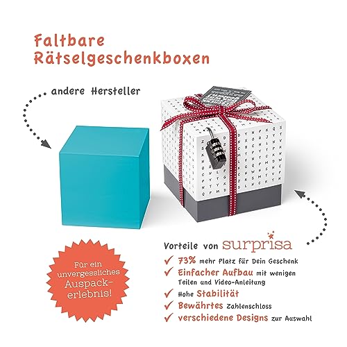 SURPRISA Geschenkbox, Rätselbox Geldgeschenke Verpackung, Gutscheine zum Geburtstag oder Hochzeit, Worträtsel, Größe S (12cm)