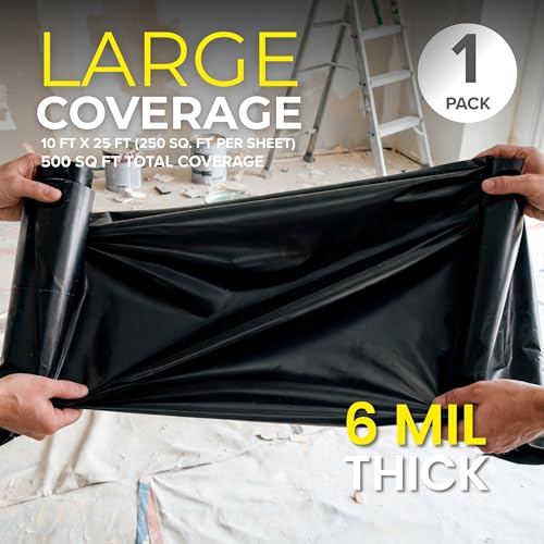 Image of Plastic Sheeting (10' x 25') Long, 6 Mil (Black) - UV Protection Poly Sheeting Polyethylene Film, Heavy Duty Greenhouse Plastic Sheeting