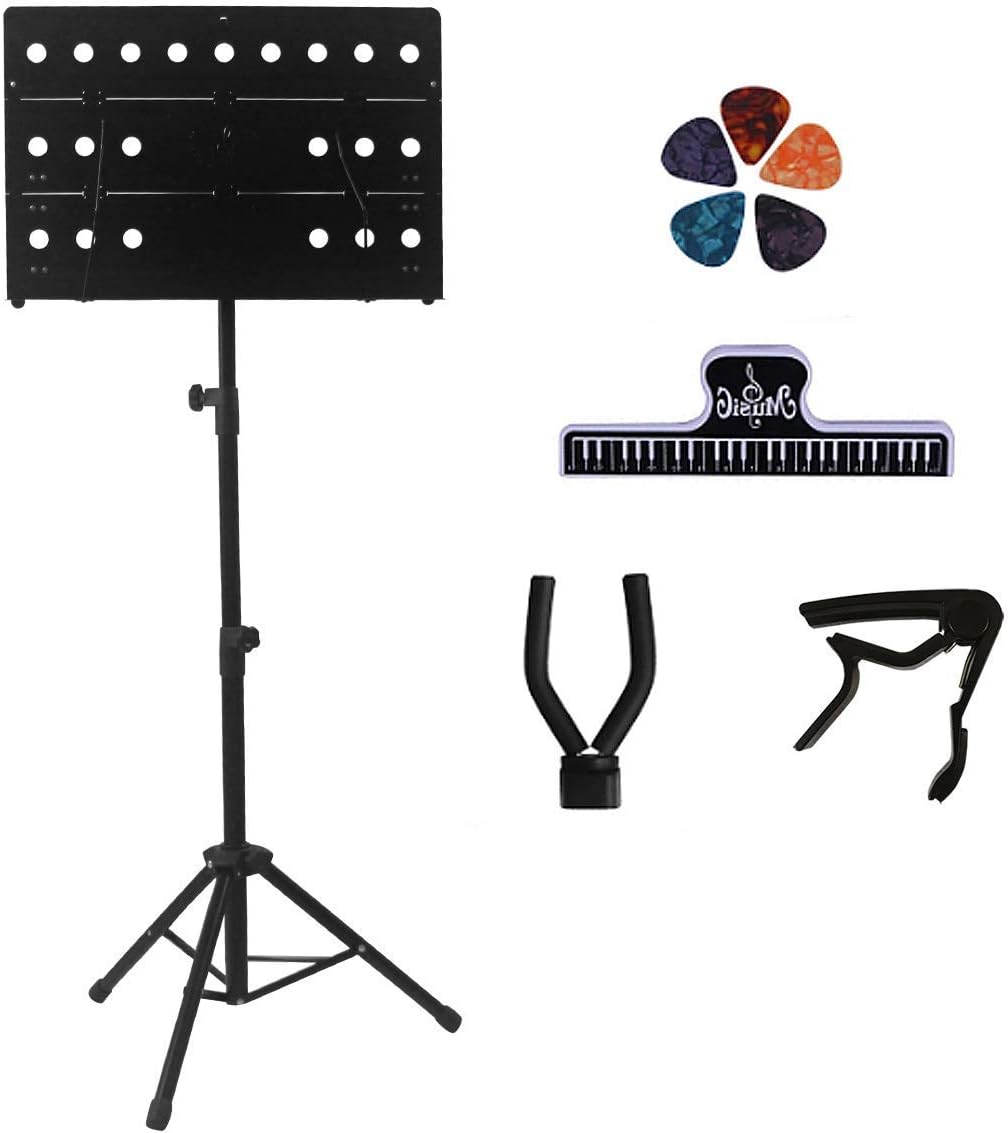 YDisplay Sheet Music Stand Portable Folding Music Holder with Guitar Hanger Capo Picks Suitable for Instrumental Performance Carring Bag,Black