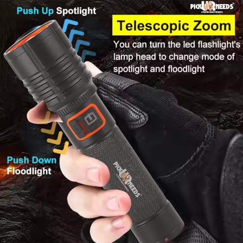 Image of Pick Ur Needs Rechargeable Flashlight Zoomable Head Adjustable 50W High Brightness Type C Charging 3 Blinking Mode Long Range Torch Light