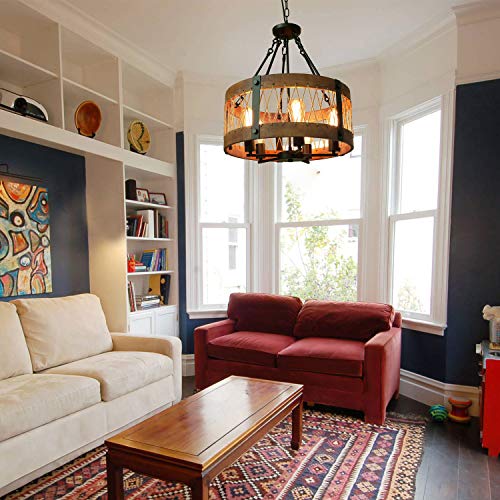 Giluta Round Wood Chandelier Kitchen Island Lighting Fixture 5 Lights With Jute Twine And Metal, Rustic Pendant Light For Dining Room Foyer, Ul Listed #TOP6