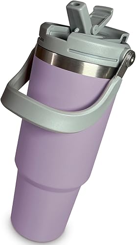 KATAMI Vaso de 30 onzas con asa y popote abatible  Aislado al vacío  Tapa 2 en 1  Cabe en el portavasos  Se mantiene caliente durante 6 horas y frío