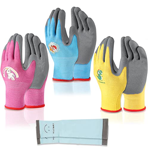 SLARMOR 3 Pairs Kids-Gardening-Gloves for Age 3-12 1 Pair Arm-Sleeves Rubber-Coated Garden Yard Work-Gloves for Children Toddlers Boys & Girls -XS