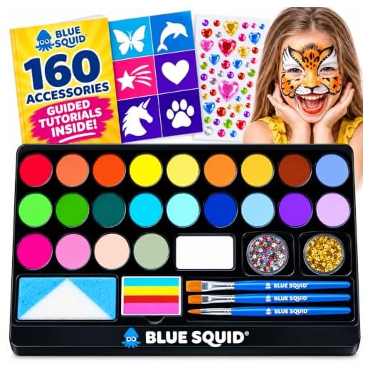 Blue Squid Face Paint Kit for Kids - 160pcs, 22 Colors, Ultimate Face Painting Kit with Gem Sheet, Glitters, Stencils, Hair Chalks, Brushes, Sponges, Booklet, Professional Body Facepaints Water Based