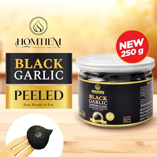 Image of Homtiem Black Garlic, Whole & Peeled, Fermented for 90 Days, Ready to Eat, Non-GMO, No Additives (8.82 Ounce (Pack of 1), Peeled)