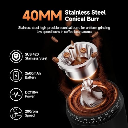 Image of AAOBOSI Cordless Burr Coffee Grinder, Rechargeable with 60 Grind Settings & Anti-Static, Digital Timer Touchscreen, Portable Electric Grinder for Espresso, Pour Over, French Press, Travel, Camping